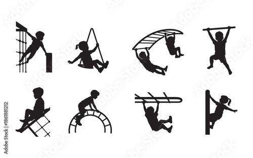 Kids Playground Silhouettes Set, Children Playing Outdoor Activities Vector Icons.