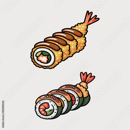 Tempura shrimp roll vector illustration with crispy fried prawns and sushi slices isolated