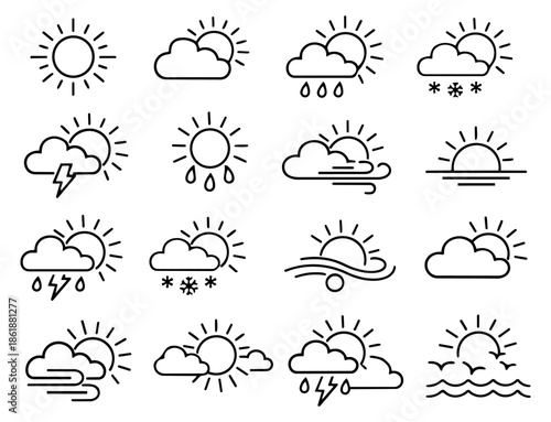 Line art weather icons set featuring sun, clouds, rain, snow, wind, and lightning for weather forecasts and climate applications