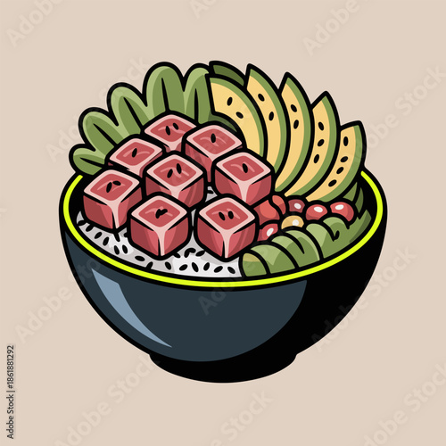 Tuna poke bowl vector illustration with raw tuna cubes and avocado slices Japanese food isolated
