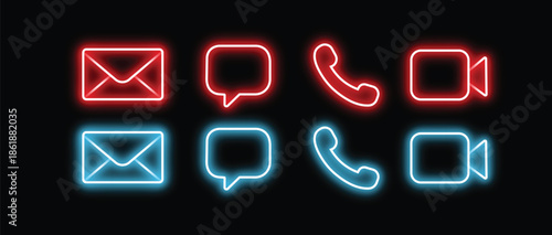 Glowing Neon Communication Icons Set in Red and Blue Cyberpunk Style