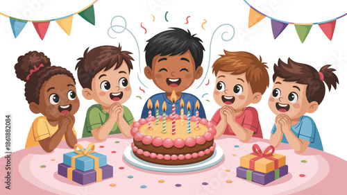 Cheerful diverse group of cartoon children celebrating a birthday with a large lit cake presents and colorful party decorations vector illustration