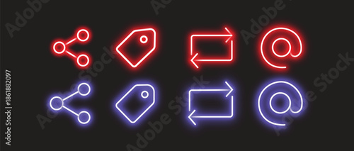 Neon Social Media Icon Set with Glow Effect in Red and Blue