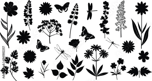 Set of black nature silhouettes featuring butterflies, dragonflies and wild flowers, summer garden insect collection, cad drawing flat vector illustration