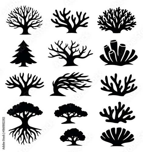 Hand drawn silhouette nature set featuring various trees, bushes and organic forms for natural design projects