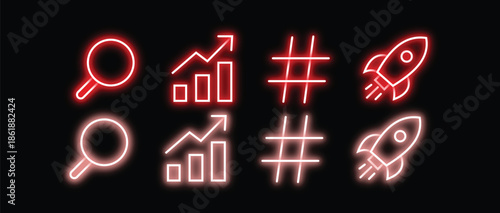 Neon Business Icons Set with Search Chart Hashtag and Rocket Growth Symbols