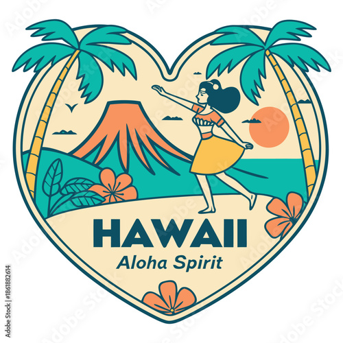 Heart Shaped Hawaii Vector Emblem with Hula Dancer and Sunset