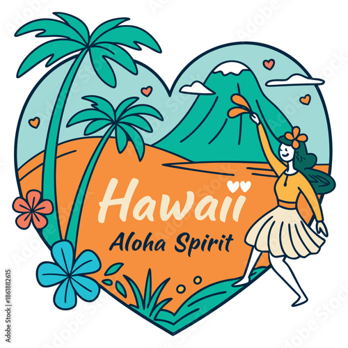 Aloha Spirit Hawaii Heart Badge with Hula Dancer and Volcano