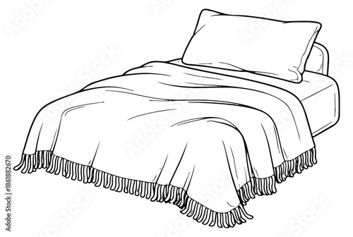 Hand drawn line art illustration of a bed depicting a pillow and fringed blanket for bedroom decor