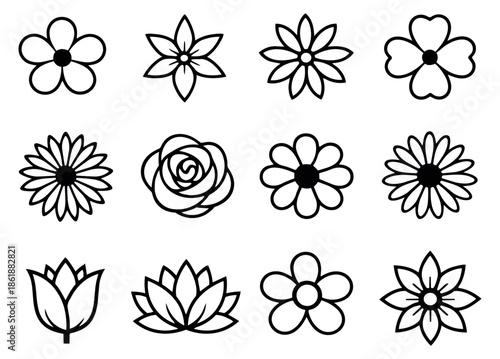 Line art flower icon set featuring various bloom shapes for decorative purposes