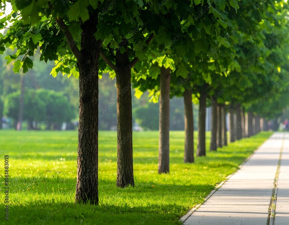 Obraz premium Sunny landscape showcasing a line of trees along a paved walkway