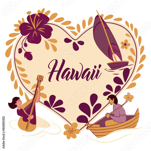 Decorative Hawaii Heart Illustration with Musicians and Sailors