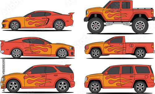 Collection of six orange and red custom vehicles including sports cars pickup trucks and SUVs with flame decals for automotive racing and toy design vector