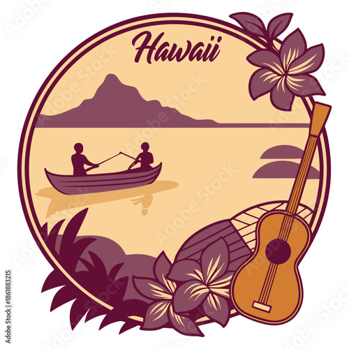 Vintage Hawaii Badge with Ukulele, Canoe, and Tropical Flowers