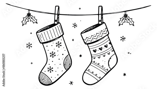 Hand drawn line art Christmas stockings set featuring festive patterns, holly, and snowflakes for winter holidays