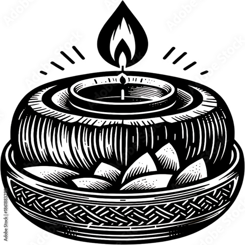 Illuminated Ritual: A stylized candle radiates a warm glow from a traditional bowl, creating an atmosphere of tranquility and contemplation.