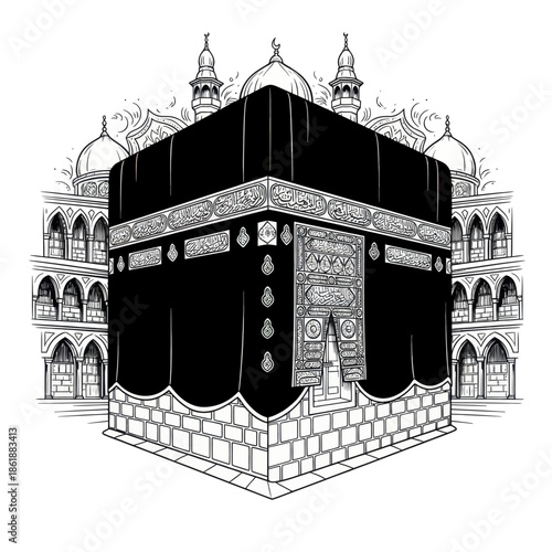 Islamic Kaaba Building Illustration - Black and White Sacred Architecture