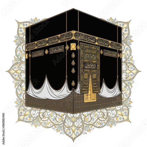 Islamic Kaaba Illustration with Ornate Border - Sacred Muslim Holy Site
