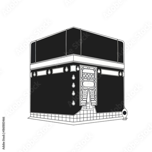 Kaaba building illustration, Islamic holy site, Mecca, monochrome sketch
