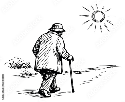 Hand drawn line art illustration of an elderly man depicting walking with a cane under the sun for life and aging