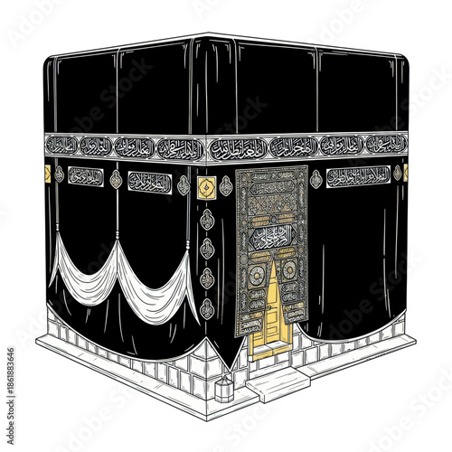 Kaaba in Mecca, Islamic Holy Site, Black Kiswah Fabric with Calligraphy