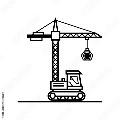 A blackandwhite illustration features a construction crane on a horizontal line