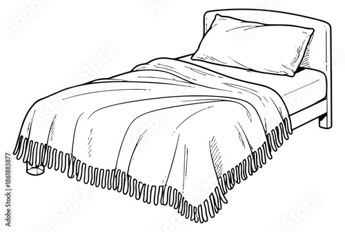 Hand drawn line art illustration of a single bed depicting a pillow and a fringed blanket for bedroom comfort