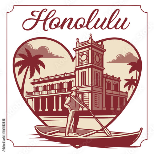 Vintage Honolulu Heart Illustration with Aloha Tower and Canoe