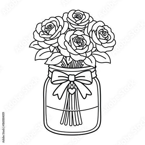 Beautiful roses arranged in a mason jar, simple line art flower coloring illustration