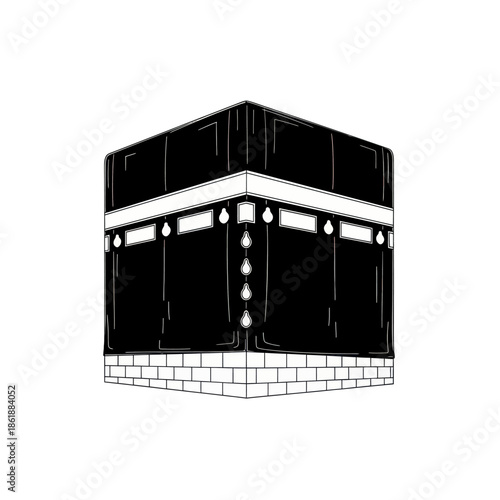 Kaaba, Mecca, Islamic Architecture, Religious Symbol, Black and White Sketch