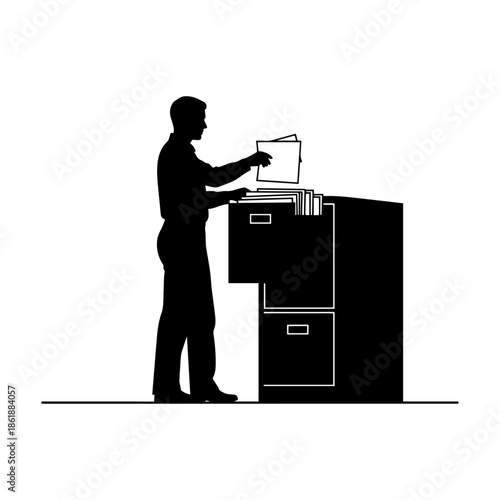 Silhouette of a man filing documents in a standing filing cabinet in an office setting.