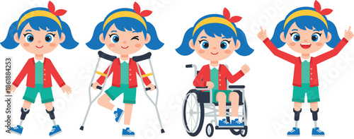 Set of cute cartoon girl character with blue pigtails using prosthetic legs crutches and a wheelchair for inclusive design and accessibility representation vector