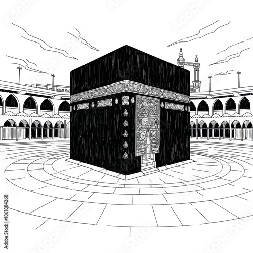 Kaaba, Mecca, Saudi Arabia: Islamic Holy Site, Black Cube Structure, Mosque Architecture, Drawing