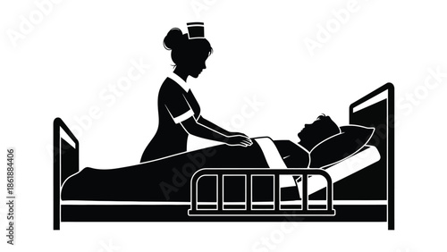 Silhouette icon depicts a dedicated nurse providing compassionate care to a patient resting in a hospital bed illustrating medical support and recovery assistance for wellness concepts
