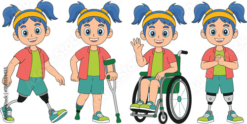 Set of Cartoon Illustrations of a Happy Young Girl with Physical Disabilities Using Prosthetic Legs Crutches and a Wheelchair