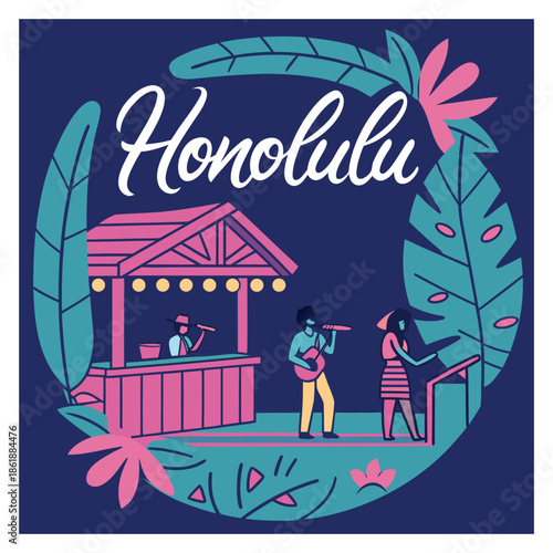 Honolulu Nightlife Illustration with Tropical Tiki Bar and Musicians