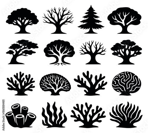 Stylized nature icon set featuring various trees and coral shapes for environmental and ecological design