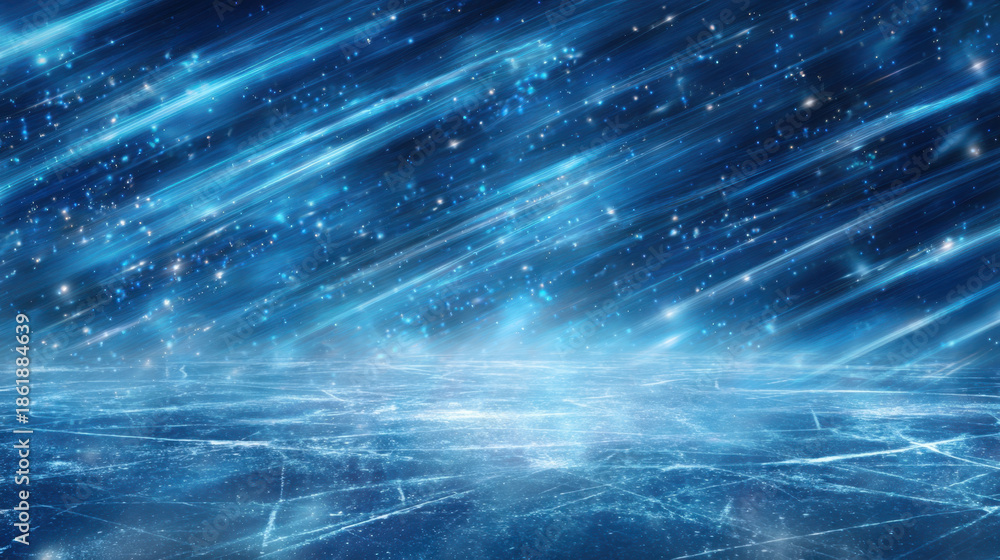 Obraz premium Abstract ice surface frozen lake blue background winter landscape starry sky light streak fantasy scene cold weather icy texture snowfall dreamy frozen lake starry sky with glowing light streak