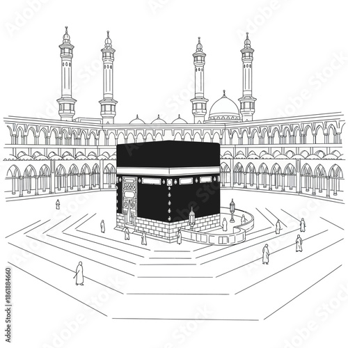 Mecca Kaaba Islamic Landmark - Black and White Illustration
