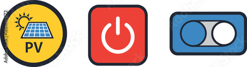 Set of three icons photovoltaic pv solar energy, power onoff symbol, and a toggle switch