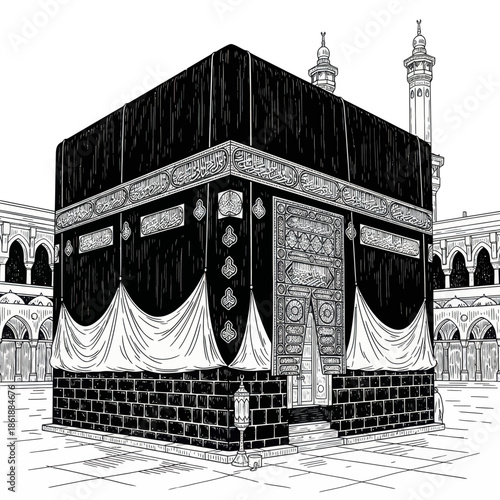 Kabaa building, black and white sketch, Islamic pilgrimage, Mecca, Saudi Arabia, sacred place