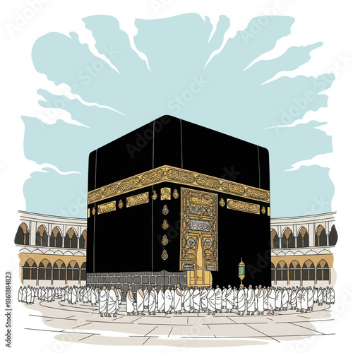 Mecca Kaaba Pilgrimage Illustration - Muslim Worshipers Circling Sacred Structure