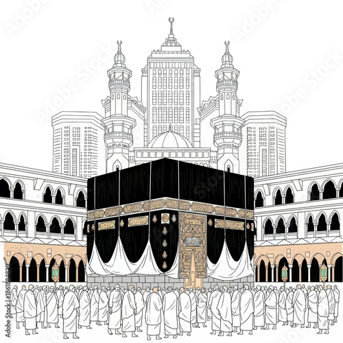 Mecca Kaaba Islamic Pilgrimage Architecture Line Art Illustration