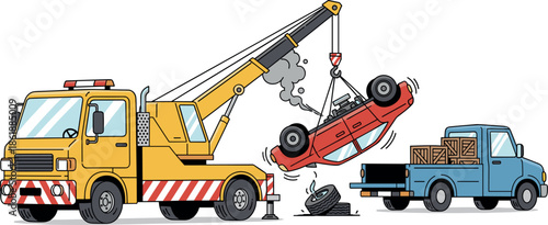 Tow truck lifting damaged car with smoke beside pickup truck carrying crates in roadside recovery scene - flavector