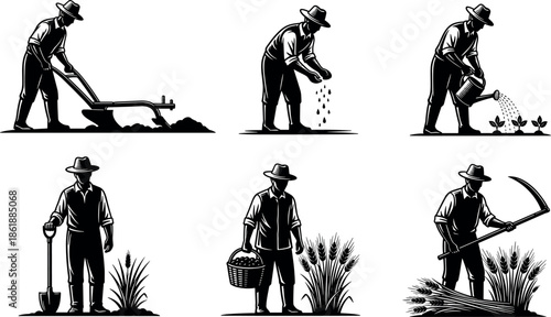 Traditional farming process with six black silhouette icons showing plowing, sowing, harvesting, watering – flavector