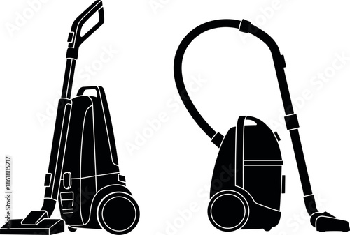 Vacuum cleaner silhouette set showing upright and canister models, household cleaning appliances, home hygiene equipment illustration isolated on white background