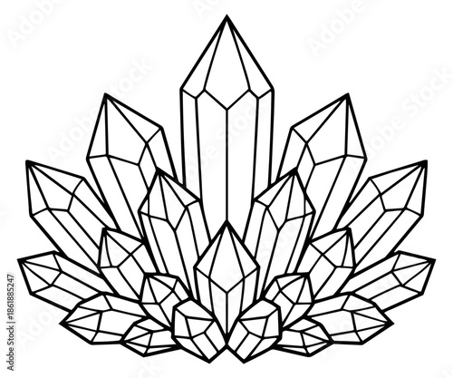 Hand drawn line art illustration of a crystal cluster depicting a geometric mineral formation for spiritual and luxury designs
