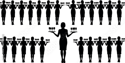 Waitress silhouette icon set showing restaurant service staff carrying trays glasses hospitality catering teamwork black white vector illustration