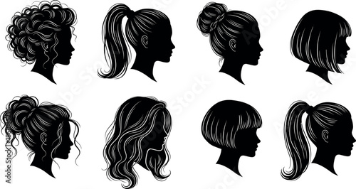 Women hairstyle silhouette collection showing female head profiles with bun ponytail bob curly and modern hair fashion styles