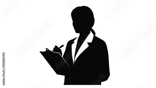 Silhouette of a professional female scientist or doctor wearing a lab coat and holding a clipboard and pen ready to take important notes or conduct an observation.